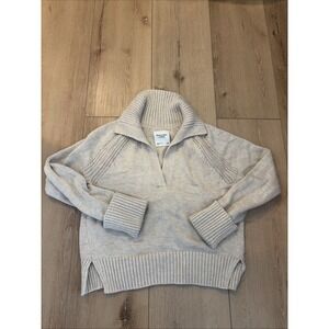 Abercrombie & Fitch Sweater Women Size Small Beige Cotton Knit Ribbed Notch Neck